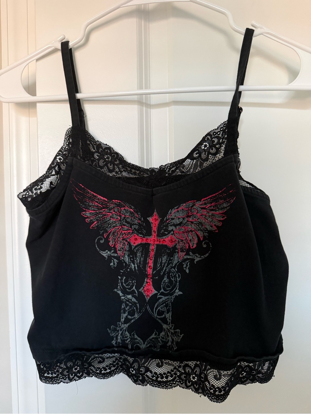 Hot Topic Black Lace-Trim Cami with Winged Cross Print
